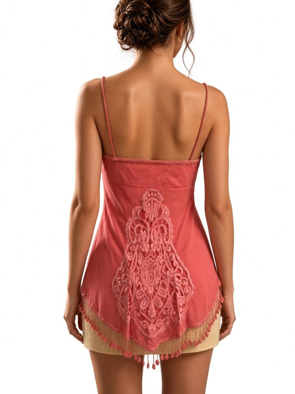 Sue Wong Silk Chiffon Y2K Handkerchief V Camisole Coral Pink Crochet Top Deco #7 - Picture 6 of 16